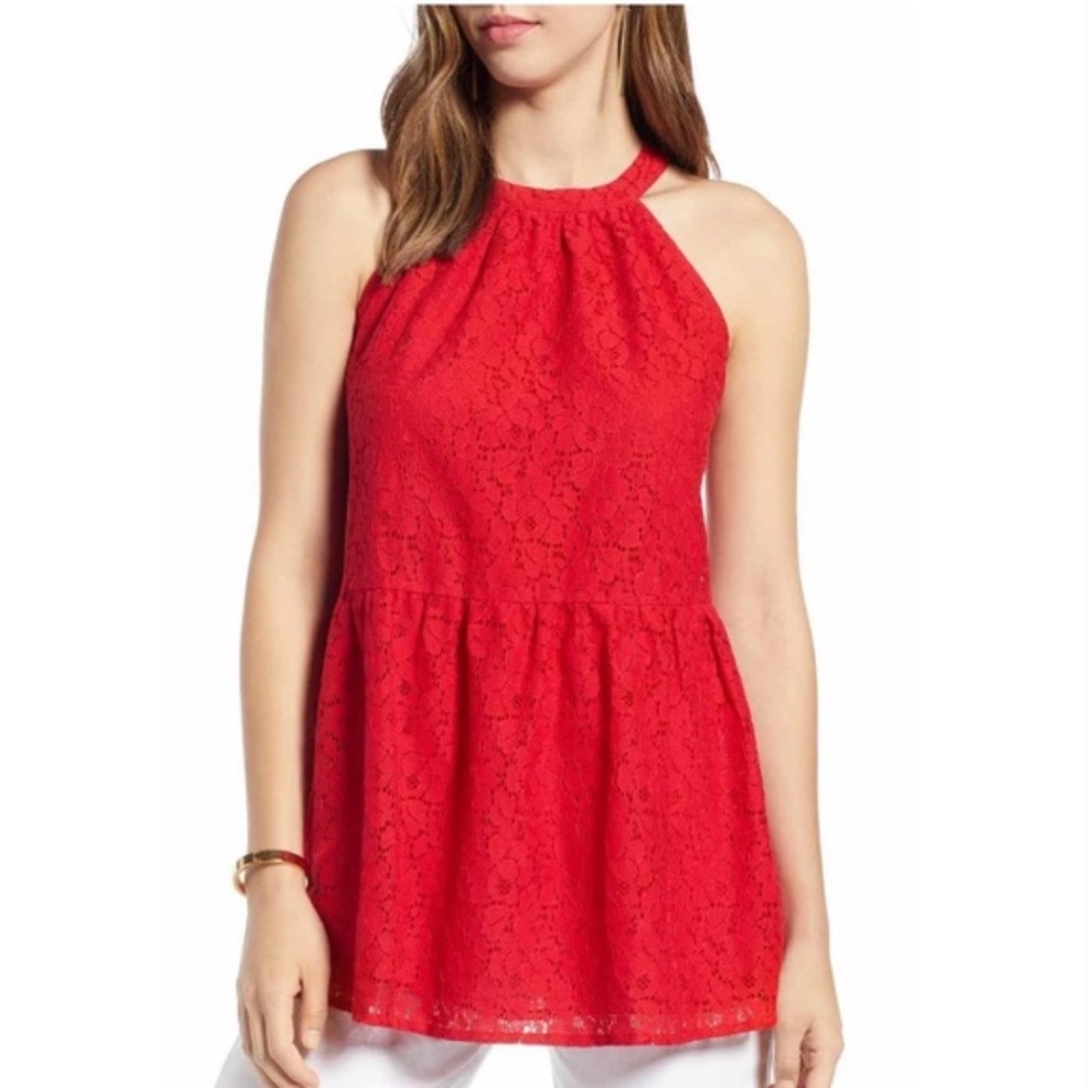 Halogen Lace Halter Neck Peplum Top Red S